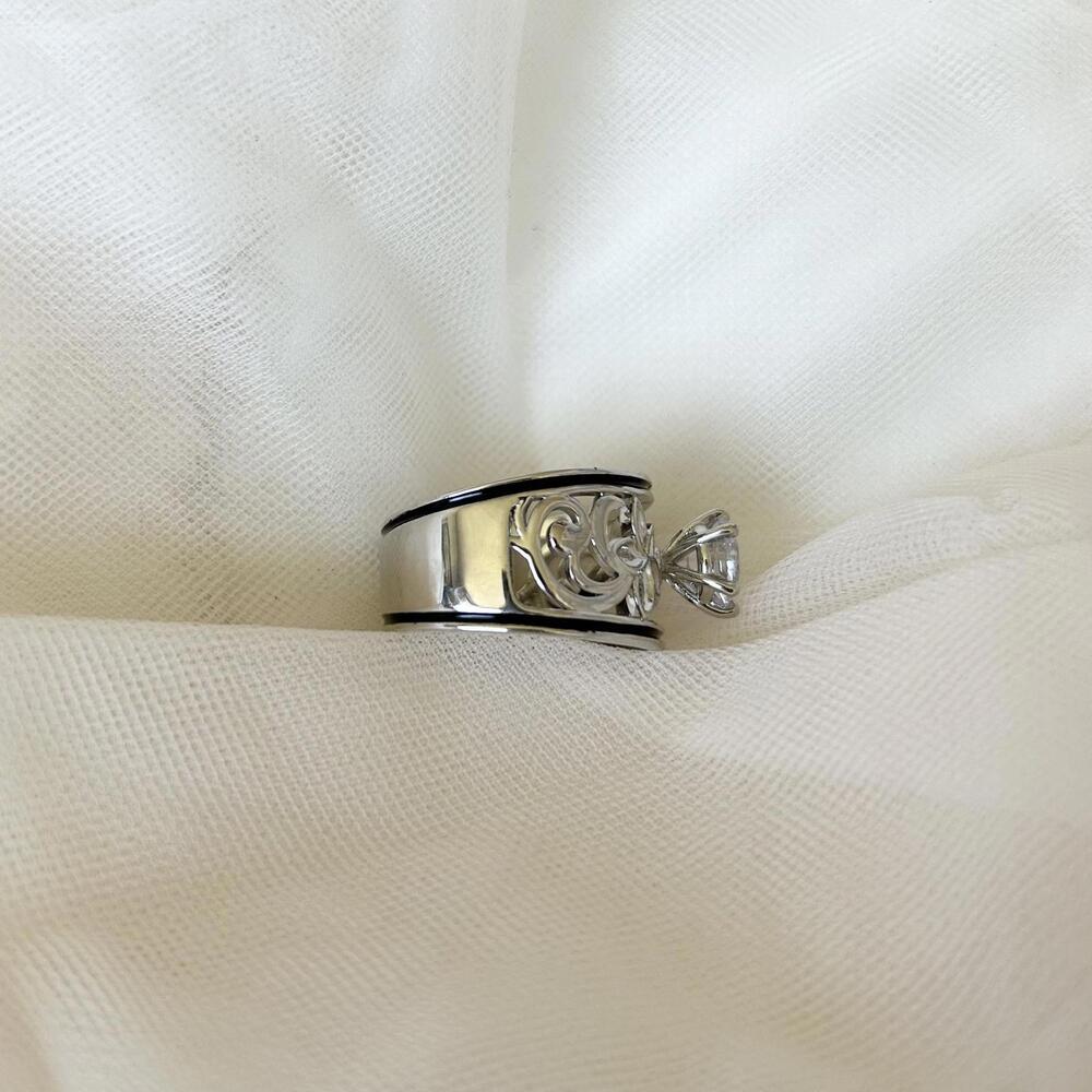 Silver Plated Hawaiian Floral Hawaiian Heirloom Cutout Big CZ Ring Size 12 - Picture 4 of 5